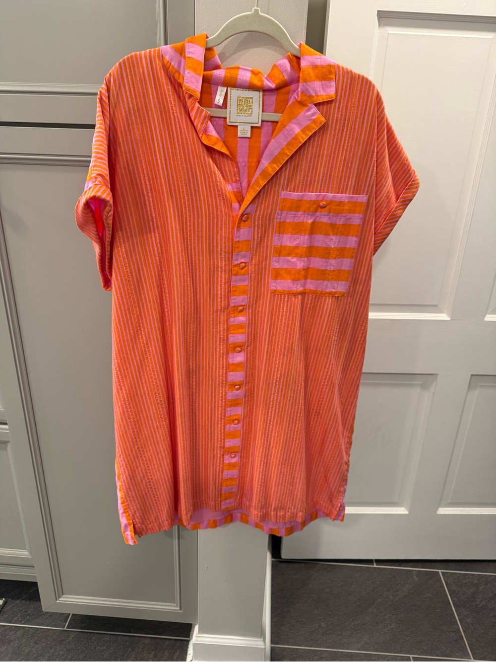Emily McCarthy Striped Button-Front Mini Dress in Orange and Pink